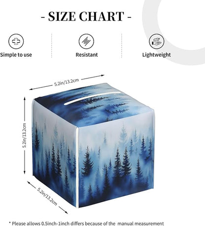 Blue Forest Tree Tissue Box Cover Square Leather Tissue Holder Decorative Facial Tissue Cube Paper Cover Case Organizer for Bathroom Night Stands Desk Tabletop Living Room Home