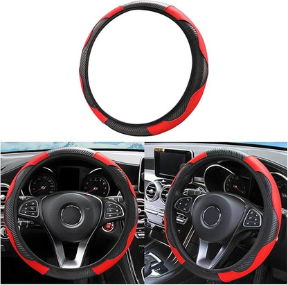 Car Steering Wheel Cover, Elastic Anti-Slip Microfiber PU Leather Auto Steering Wheel Protector, Comfortable Vehicle Interior Protective Accessories, Universal for RV, SUV, Truck (Black/Red)