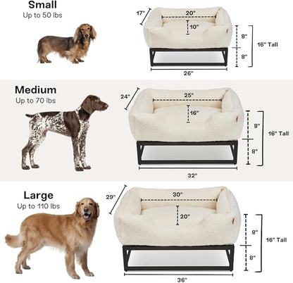 FUZI Elevated Dog Bed Medium with Extra Cover, Luxury Raised Dog Beds, Removable and Machine Washable Bed Cover, Indoor/Outdoor Orthopedic Pet Bed, Medium 31.75x23.6x18 Soft White and Black Base