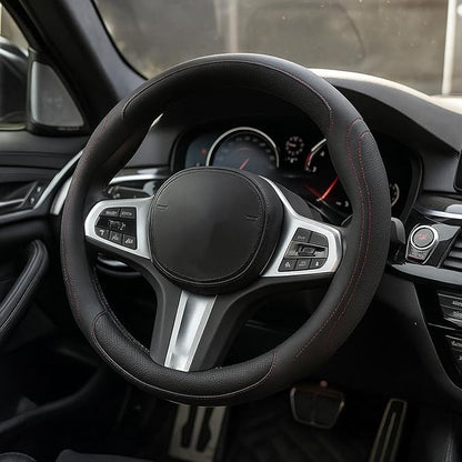 HZEL Car Steering Wheel Cover, 15 Inch Leather Comfortable Vehicle Steering Wheel Protector with Inner Rring, Anti-Slip Automotive Interior Accessories, Universal for SUV RV Truck (Black/Red)