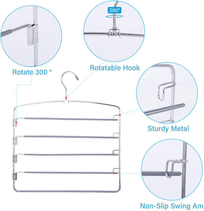 FeeraHozer Pants Hangers Space Saving 3 Pack No Slip 5 Layers Multi Functional Pants Rack Stainless Steel Swing Arm Space Saver Hanger for Trousers Jeans Towels Scarf （Grey）