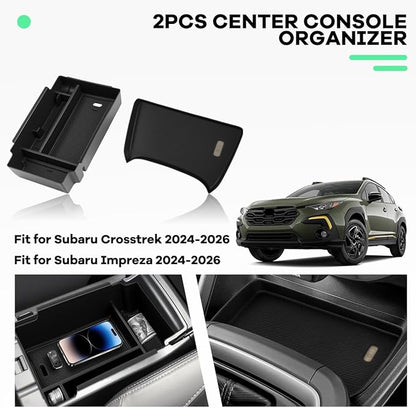 2PCS Center Console Organizer Tray Compatible with Subaru Crosstrek 2024 2025/Impreza 2024 2025 Interior Accessories, Silicone Center Console Wireless Charging Mat + Armrest Storage Box