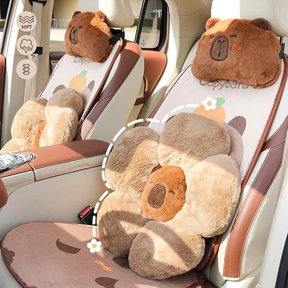 LYFJMUS 4 Pack Plush Capybara Car Headrest Pillow and Lumbar Support Pillow Kawaii Plushies Capybara Stuffed Headrest Cute Car Decor for Car Driving