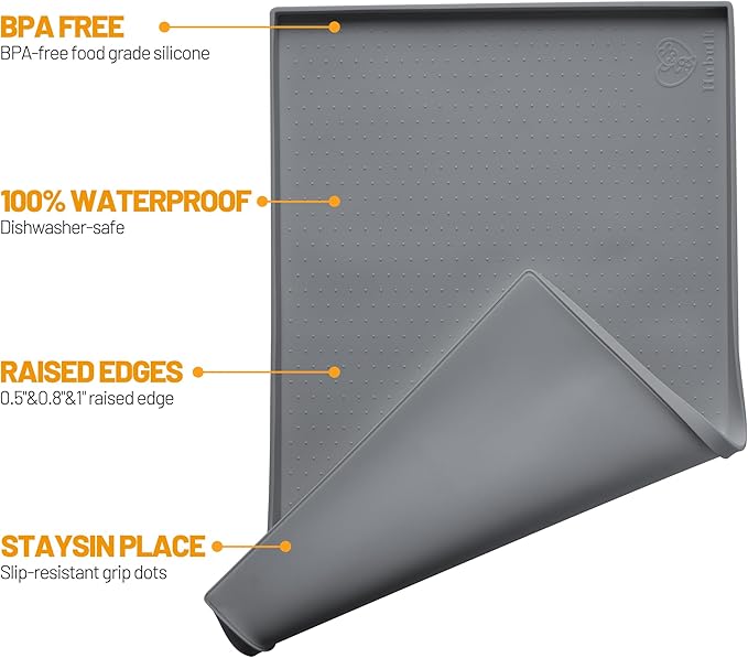 Hubulk Dog Feeding Mat,100% Waterproof Food Grade Silicone Pet Food and Water Bowl Placemat,Dishwasher, High Raised Edge to Prevent Spills,Nonslip Tray to Stop Messes on Floor (32"x24"x1.0", Grey)