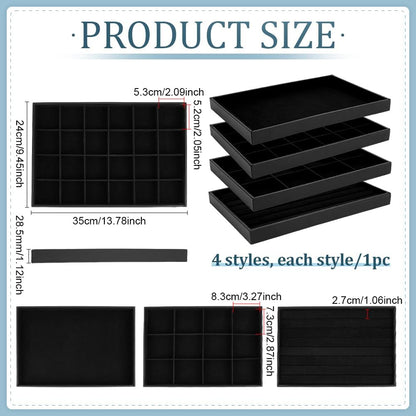 PH PandaHall Black Jewelry Tray 4 Pack Jewelry Organizer Tray Rectangle Display Trays Stackable Storage Case for Earrings Rings Necklaces Dresser Drawer Vendor Display Christmas Decor, 13.7x9.4inch