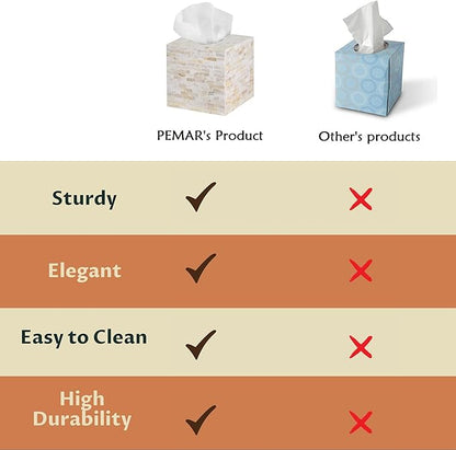 PEMAR Handcrafted Wooden Tissue Box Cover for Small Cube Tissue Boxes Only (Max Inner Size 4.7”) – Mother of Pearl Inlay Decorative Tissue Holder for Bathroom, Living Room & Office (Milano)