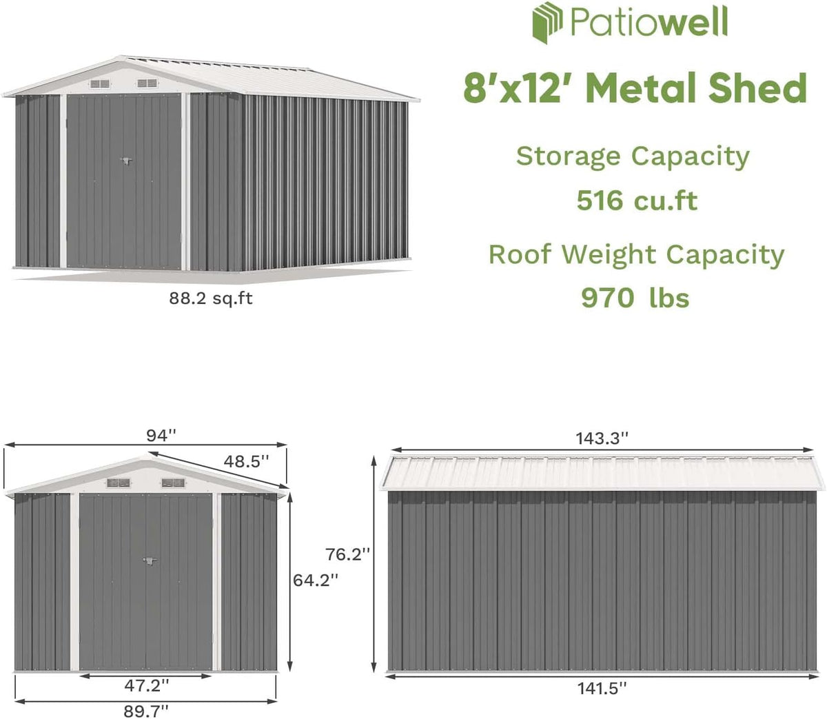 Patiowell 8 x 12 FT Metal Storage Shed for Outdoor, Steel Yard Shed with Design of Lockable Doors, Utility and Tool Storage for Garden, Backyard, Patio, Outside Use, Grey