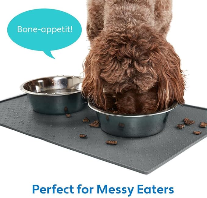 MIGHTY MONKEY 100% Waterproof Dog Food Mat, Raised Edges Silicone Pet Feeding Placemat for Cat, Dogs, Pet Bowls, High Lipped Tray Prevents Water Spills, Food on Floor, Dishwasher Safe, 18x12, Gray