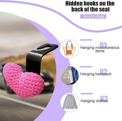2PCS Car Headrest Hook, Cute Wool Heart Vehicle Seat Hangers for Umbrellas Grocery Bags, Automotive Interior Backseat Storage Organizer Hook, Universal for SUV, Sedan, Truck (Rose Red)