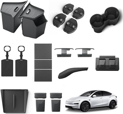 LUCKEASY Organizer for Tesla Model Y Juniper 2025+ Rear Trunk Storage Bins|Wireless Charging Pad|Seat Belt Buckle|Key Card|Center Mat|Glove Box Hook|Seat Hooks|Gear Shift|Door Lock Buckles|Cup Holder