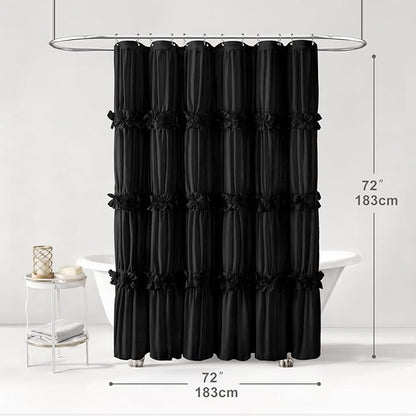 XOGUIBO Ruffle Shower Curtain with Handmade Bow Tie, Vintage Farmhouse Shower Curtain for Bathroom, 72" W x 72" H,Black