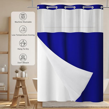 GICDSU No Hook Shower Curtain with Snap in Liner, Waffle Shower Curtain Set for Bathroom, Hotel Style with Semi-Sheer Top Window, Waterproof & Washable, Navy Blue, 71" W x 75" L
