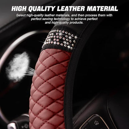 LoyaForba Bling Soft Leather Steering Wheel Cover, 15 Inch Colorful Rhinestones Auto Elastic Steering Wheel Protector, Sparkly Crystal Diamond for Women Girls, Car Accessories for Most Cars (Wine Red)