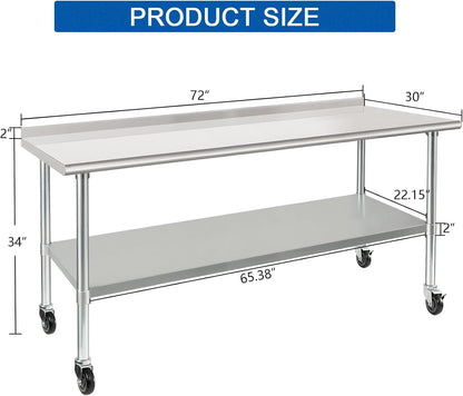 HARDURA Stainless Steel Table with Wheels 30X72 Inches NSF Heavy Duty Commercial Prep Table with 2” Backsplash and Adjustable Undershelf for Food Prep