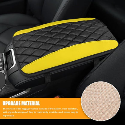 Car Center Console Cover, Leather Waterproof Armrest Seat Box Cushion Pad, Universal Decor Protector Mat, Comfortable Car Decor Accessories Fit for Most Cars, Vehicles, SUVs (Yellow)