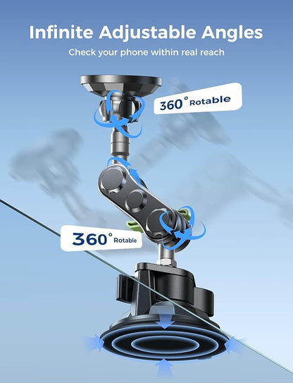 MAGIC JOHN Magnetic Car Phone Holder [Strong Suction&Strong Magnetic] 360° Adjustable Car Phone Mount for Windshield, Ultra-Durable Metal, Suction Cup Car Phone Mount for iPhone Samsung All Smartphone