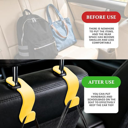 4PCS Car Seat Headrest Hooks, Purse Hook for Car, Auto Back Seat Organizer Storage Hanger Holder, Auto Accessories Multi-Use Portable Headrest Organizer Holder for Purse Handbag Coats (Yellow)