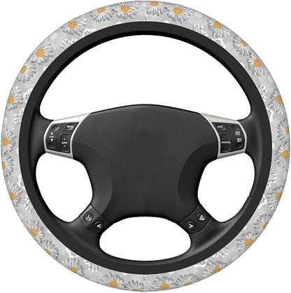 Floral Daisy Steering Wheel Cover Women Men Vintage Flower Elastic Stretch Soft Car Wheel Protector Universal Breathable No-Slip Car Accessories for Truck Van SUV Auto Fit 14-15 Inches