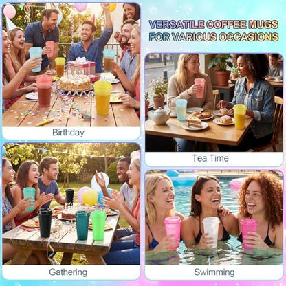 Honeydak 45 Pack 16 oz Reusable Coffee Cups with Lids Water Bottle Iced Coffee Travel Mug Portable Plastic Tea Tumblers Bulk for Hot and Cold Drinks Birthdays Party (Fluorescent Color,Stylish)
