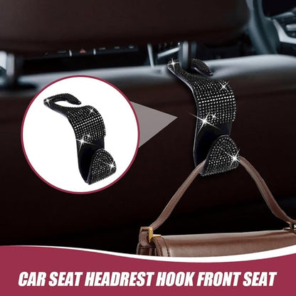 2 Pack Car Seat Headrest Hook, Bling Car Hooks Front Seat, Back Seat Organizer Hanger Storage Hook Car Purse Hook for Bags, Clothes, Coats, Grocery Bags (Black)