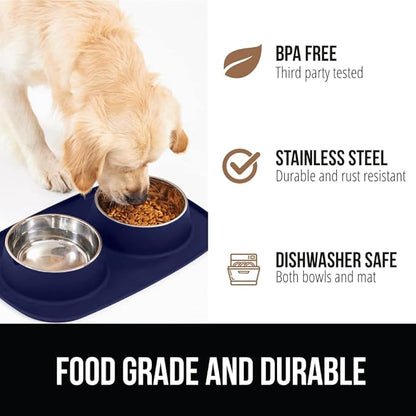 GORILLA GRIP Feeding Mat Set, 4 Cup, Patent Pending 100% Waterproof BPA Free Silicone, Stainless Steel Cat and Dog Bowls, Slip Resistant, Edges Catch Water Food, US Designed Pet Accessories, Navy Blue