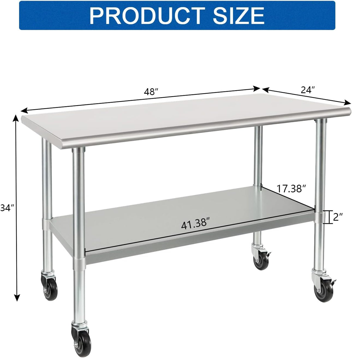 HARDURA Stainless Steel Table with Wheels 24 x 48 Inches Casters NSF Heavy Duty Commercial Work & Prep Table with Undershelf and Galvanized Legs for Restaurant Kitchen Bar and Hotel Garage