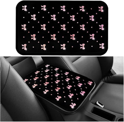 Car Center Console Cover, Waterproof Leather Bow Ribbon Vehicle Arm Rest Pad, Comfortable Automotive Interior Seat Box Armrest Protection Cushion Accessories, Universal Fit (Pink)