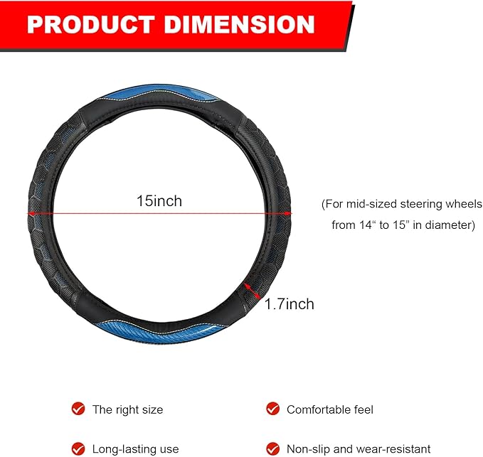 Carbon Fiber Steering Wheel Cover, Non-Slip Leather Steering Wheel Protector with 3D Honeycomb Design, Comfy Grip Breathable Sporty Auto Wheel Wrap for Most Cars Trucks SUVs (Sky Blue)