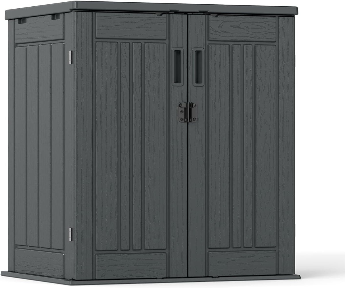 Outdoor Storage Cabinet with 2 Shelves, Waterproof Resin Horizontal Tool Shed, Lockable 15 cuft. Storage Shed for Patio, Garden, Yard, Grey