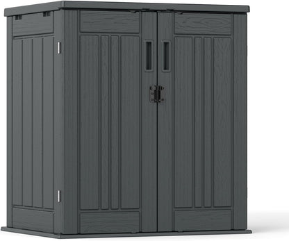 Outdoor Storage Cabinet with 2 Shelves, Waterproof Resin Horizontal Tool Shed, Lockable 15 cuft. Storage Shed for Patio, Garden, Yard, Grey