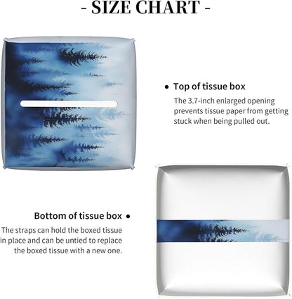 Blue Forest Tree Tissue Box Cover Square Leather Tissue Holder Decorative Facial Tissue Cube Paper Cover Case Organizer for Bathroom Night Stands Desk Tabletop Living Room Home