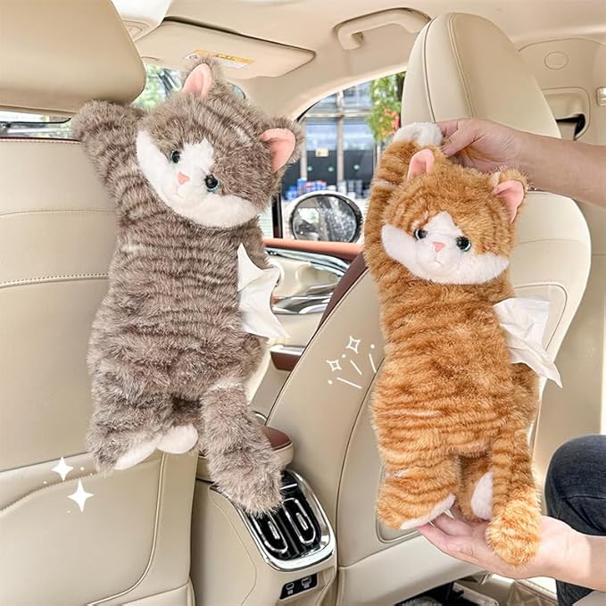 WASTROYAL Cute Cat Car Tissue Box Cover with Plush Doll, Hanging Vehicle Interior Organizer, Adorable Auto Decoration & Practical Accessory (Yellow)