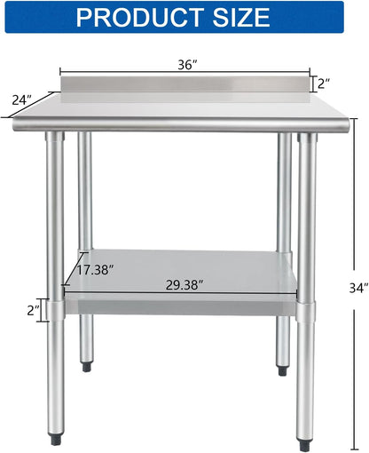 HARDURA Stainless Steel Table Prep & Work Table 24 x 36 Inches NSF Heavy Duty Commercial with Undershelf and Backsplash for Restaurant Kitchen Home and Hotel
