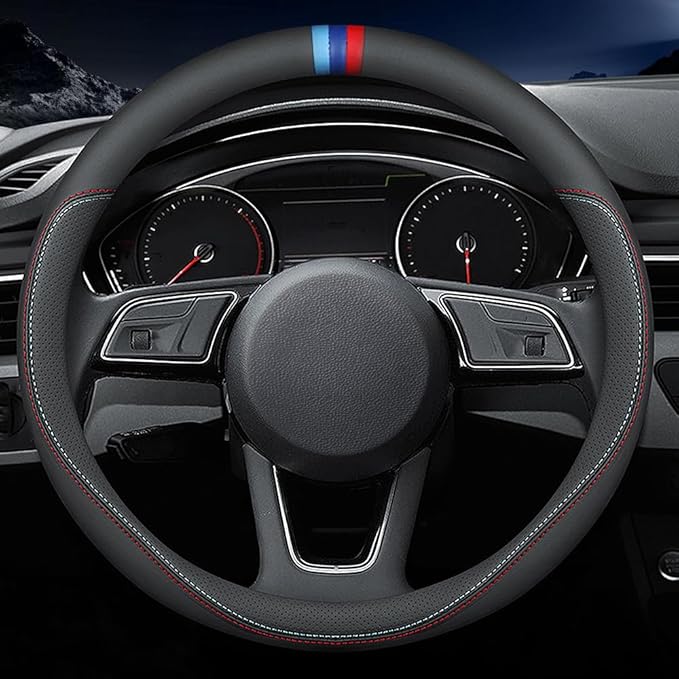Carodi Latest Nappa Leather car Steering Wheel Cover, Stylish Non-Slip Leather car Interior 15 inches Universal Black(red and Blue Signs)