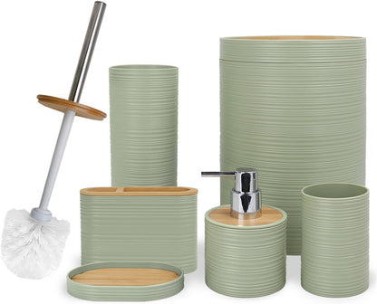 CERBIOR Bathroom Accessories Set 6 Piece Bamboo Bath Ensemble Includes Soap Dispenser, Toothbrush Holder, Toothbrush Cup, Soap Dish for Decorative Countertop and Housewarming Gift, Sriral Green