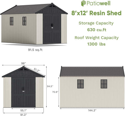 Patiowell 8 x 12 FT Plastic Outdoor Storage Shed with Floor, Resin Shed with Window and Lockable Door for Garden, Backyard, Tool Storage Use, Easy to Install in Beige (Kick-it Shed)