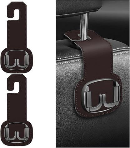 Car Headrest Hooks, 2PCS Foldable Double Vehicle Back Seat Organizer Hanging Holder for Purse Coat Umbrella, Automotive Interior Seatback Storage Hanger Accessories, Universal Fit (Brown)