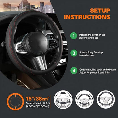 HZEL Car Steering Wheel Cover, 15 Inch Leather Comfortable Vehicle Steering Wheel Protector with Inner Rring, Anti-Slip Automotive Interior Accessories, Universal for SUV RV Truck (Black/Red)