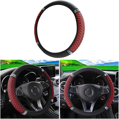LoyaForba Bling Soft Leather Steering Wheel Cover, 15 Inch Colorful Rhinestones Auto Elastic Steering Wheel Protector, Sparkly Crystal Diamond for Women Girls, Car Accessories for Most Cars (Wine Red)