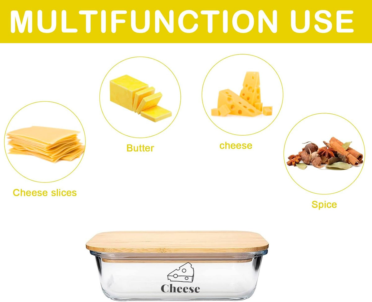 Cheese Container for Refrigerator,Glass cheese slice holder with Wooden Lid&Cheeses Cutter,Lunch Deli Meat Containers for Fridge,BPA-Free Shredded Cream Block Cheeses Storage Box keeper