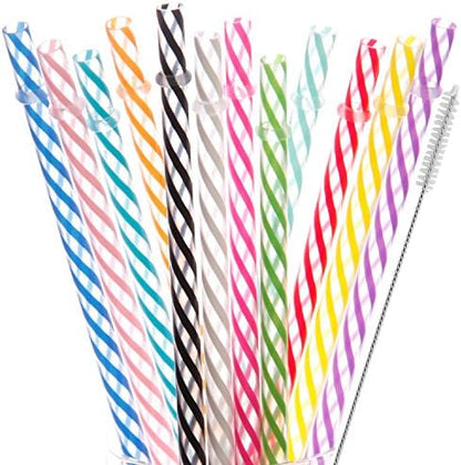 Dakoufish 12 Piece 12 Inch Reusable Plastic Thick Drinking Straws BPA Free Mason Jar Straws Transparent Small Stripe (12inch, Mix 12color)