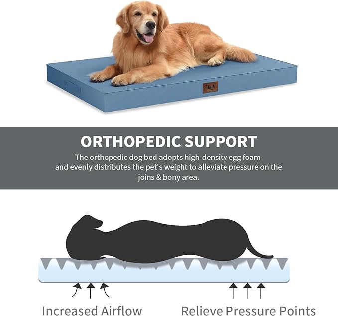 Tail Stories Outdoor Dog Bed for Small Dogs, Waterproof Dog Crate Bed for Medium Dogs Cats, Orthopedic Egg Crate Foam Pet Bed with Washable Removable Oxford Cover, Blue