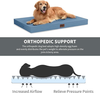 Tail Stories Outdoor Dog Bed for Small Dogs, Waterproof Dog Crate Bed for Medium Dogs Cats, Orthopedic Egg Crate Foam Pet Bed with Washable Removable Oxford Cover, Blue