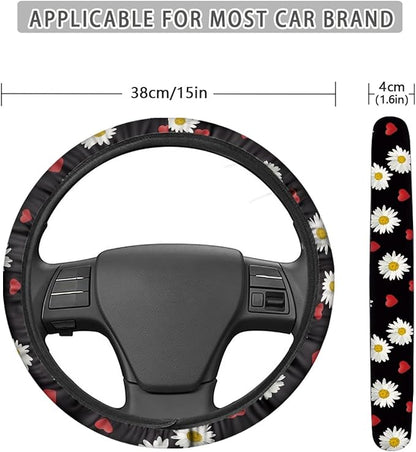 AFPANQZ Cute Daisy Pattern Steering Wheel Cover for Women Sweat Absorbing Non-Slip Steering Wheel Protection Case Machine Washable Universal White Flower on Black