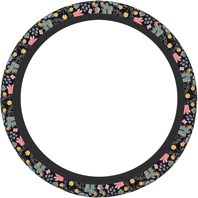 Flowers and Strawberries Steering Wheel Cover for Men Women Universal Car Accessories 15 Inch Neoprene Auto Interior Decor