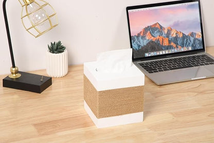 CATORY Tissue Box Cover, Wood Tissue Box Cover Square, Farmhouse Tissue Box Holder Covers Your Tissues, Decorative Tissue Cube Box Cover with Slide-Out Bottom (White)