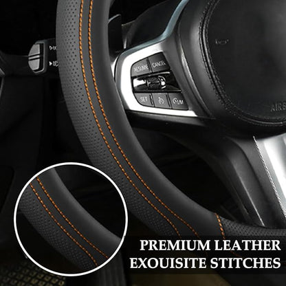 HZEL Car Steering Wheel Cover, 15 Inch Leather Comfortable Vehicle Steering Wheel Protector with Inner Rring, Anti-Slip Automotive Interior Accessories, Universal for SUV RV Truck (Black/Orange)
