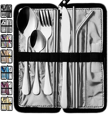 VANDBAO Portable Travel Utensils, Reusable Silverware with Case for Fixing Tableware, 9 Pieces Stainless Steel Stable Flatware Set, Camping Picnic Cutlery Set (Silver Set)