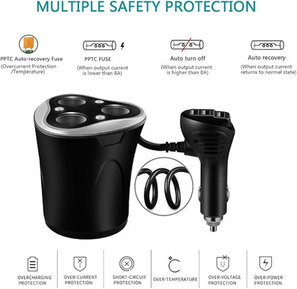 Skyocean 3 Socket Cigarette Lighter Splitter Power Adapter + 3 USB Car Charger 120W 12V/24V DC Outlet with Volt Meter, On/Off Switch for Cell Phone GPS Dash Cam & All Electronic Devices (Black)