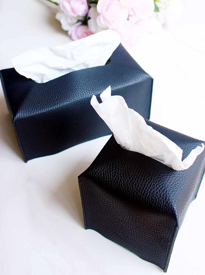 Tissue Box Holder Rectangular Leather – with Bottom Belt [JESMINI, Black] Modern Long PU Leather Rectangle Tissue Box Cover Holder Decorative for Bathroom Vanity Countertop/Night Stands/Office Desk